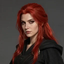 head and shoulder portrait of woman in black robe, rpg, d & d, pathfinder, deviantart, artstation, by audia pahlevi, red hair