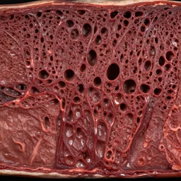 a gross cross section of a trypaohobic flesh wall covered in cavities and pores, very grotesque and slimy