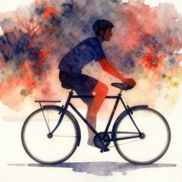 person riding a bicycle, very beautiful watercolor painting, red dark - blue and orange color palette