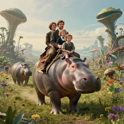 35mm still from a sci fi blockbuster movie made in 2022, set in 1860, of a family riding on the back of alien hippos, on an alien planet, across an alien landscape that is full of strange wild alien plants and flowers, the family are wearing 1850s era clothes, cinematic lighting, 4k, in focus faces, good quality lighting, good quality photography, oscar winner