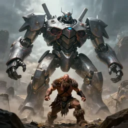 a colossal robot looming down to a fierce barbarian, high fantasy
