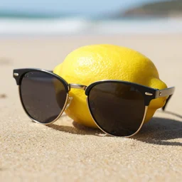 a 4 k photorealistic photo close up of a lemon wearing sunglasses on a beach