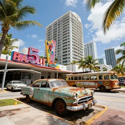 low wide angle shot of dilapidated fallout 5 miami, tropical coastal city, desolate, dilapidated neon signs, just a rusted retro futuristic vintage parked vehicles like cars, buses, trucks, trams, sunny weather, few clouds, volumetric lighting, photorealistic, daytime, spring, sharp focus, ultra detailed, technicolour 1