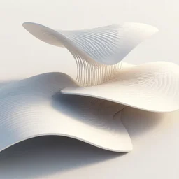 unfinished sculptural pleated curved roof planes lift and descend creating shade and architectural expression, dramatic surrealist form, morning light, lightweight structures, isometric view