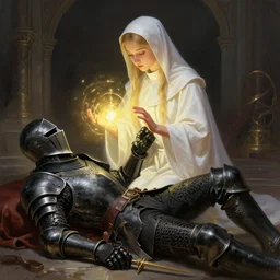 picture of cute priestess using healing magic on a wounded black - armored knight on the floor, digital painting, highly detailed, smooth, sharp contrast, digital painting, by artgerm and greg rutkowski and alphonse mucha, comic book cover art