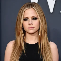 semi - long light brunette, lop eared, black eye shadow, small nose, small mouth, triangle shaped face, avril lavigne face shape