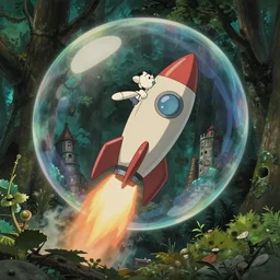 unrealistic interior shot from howls moving castle ( 2 0 0 4 ) of a scientist rocketing out of a bubble in a dense woodland an abandoned city. cartoon depth of field.