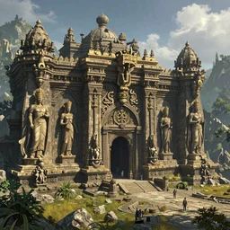 the elder scrolls vi, entrance to an ancient dwemer temple ruin adorned with huge statuettes of deities, fields and forested area, painted, intricate, volumetric lighting, beautiful, daytime, sunny weather, slight overcast, golden hour, sharp focus, deep colours, ultra detailed, by leesha hannigan, ross tran, thierry doizon, kai carpenter, ignacio fernandez rios