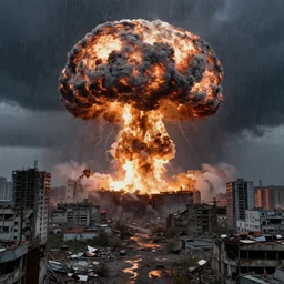 nuclear explosion in a destroyed city during a thunderstorm, pictorialism, desolate