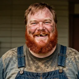 big ole redneck white male with red beard, wearing dirty overalls, dirty face, missing teeth, grin, portrait, close up, kodak gold 2 0 0, 5 0 mm