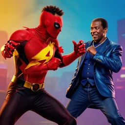 a photo of donald glover as the prowler fighting miles davis playing miles morales, dramatic light, colorful, vivid, detailed, 8 k concept art, enhanced hands
