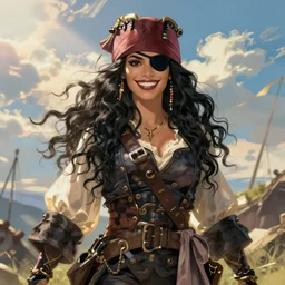 Joshua Middleton comic art, pretty female Phoebe Tonkin, pirate, black eye patch over left eye, evil smile, pirate clothing, long wavy black hair, full body:: sunny weather::