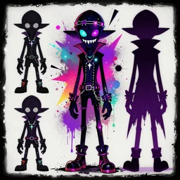 character design sheets for a new vampire squid character, artwork in the style of splatoon from nintendo, art by tim schafer from double fine studios, black light, neon, spray paint, punk outfit, tall thin toothpick like frame adult character, fully clothed, gothic, color explosion, sparkles and glitter, pop art