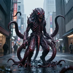 eldritch horror tentacle creature with standing in a tokyo street, heavy rain, hyper real, digital art, very detailed, 4 k