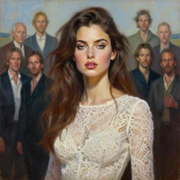 a stunning portrait painting of goddess angela sarafyan, hybrid oil painting, high fashion, lace clothing, scenic background, art by jeremy pitkin, greg rutkowski, tim hildebrandt, boris vallejo, artgerm