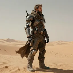 a bearded cloaked rugged engineer man with cybernetic enhancementslost in the desert, scifi character art by greg rutkowski, esuthio, craig mullins, fullbody portrait, cinematic lighting, dystopian scifi gear, gloomy, profile picture, mechanical, half robot, implants, steampunk