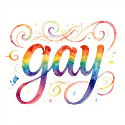 ornate rainbow calligraphy of the word gay