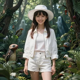 happy jungle outfit girl very very anime!!! fine - face, audrey plaza, realistic shaded perfect face, fine details. anime. realistic shaded lighting white jacket, short shorts, white hat. poster by ilya kuvshinov katsuhiro otomo ghost - in - the - shell magali villeneuve artgerm jeremy lipkin michael garmash rob rey