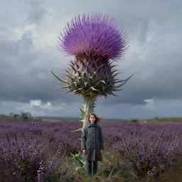 portrait, massive thistle flower head, a girl wearing coat in heather field, surreal photography, wind and cold, dramatic sky, impressionist painting, digital painting, artstation, simon stalenhag