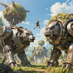 an intricate concept art, fantasy, man jumping over, large mechanical haystack biomes, megafauna, low - angle, close up shot, ultra photorealistic, ultra sharp, artstation, cgsociety, masterpiece, anime colors, by ivan talavera, by wlop, octane render, 8 k