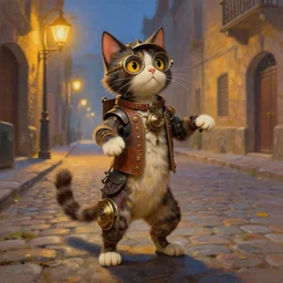 a beautiful painting of a steampunk cat standing on her back legs on a street paved with cobblestones and warm streetlights, by James Gurney and Thomas Kinkade and Ralph Horsley