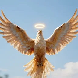 phoenix with wings spread out to the sides, hopeful sky, halo