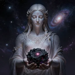 a cosmic deity holding a black hole remnant of a dead galaxy in its two hands, digital art, beautiful, metaphysical, transcendental, existential, science fiction, sharp illustration,