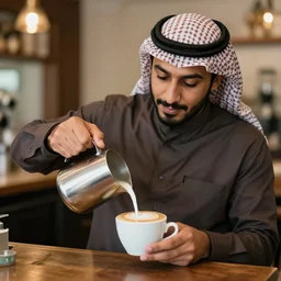 a short middle eastern man makes a cappuccino