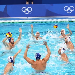 Game of water polo in a pool full of lava. Olympic Games. athletes waving for help. general panic.