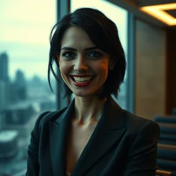 a portrait photograph of a smug woman executive with vampire fangs in a business dress in a board room, black hair, dof, low light, highly detailed, night skyline outside window in background, 4 k, cinestill 8 0 0 t, exif, photography by andreas franke
