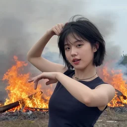 close - up or a young influencer dances in front of a huge forest fire, smoke, tik tok style