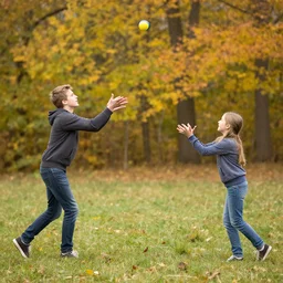 a brother and sister throwing a ball around in autumn. playing catch. phil hale. rhads. repin.