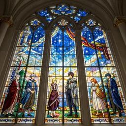polygonal stained glass window with giant walls and glass ceilings showing the stars and hanging silk drapery and tapestries, light dust, magnificent, close up, details, sharp focus, elegant, highly detailed, illustration, by Jordan Grimmer and greg rutkowski and PiNe(パイネ) and 薯子Imoko and 香川悠作 and wlop and maya takamura, intricate, beautiful, Trending artstation, pixiv, digital Art