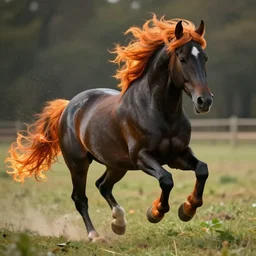 a running black horse with an orange mane with flames coming out of it, 8k, hyper realistic, digital art