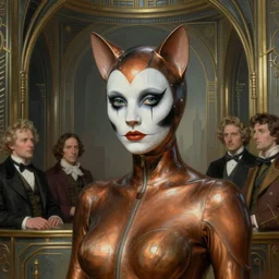 closeup painting of uncannily beautiful aristocrat wearing latex and bronze catsuit and face paint inside bronze art deco arcology, science fiction by j. c. leyendecker and fritz lang and rembrandt and greg rutkowski and stefan prohaczka