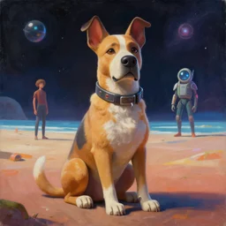 a painting of a dog that is sitting down with a space background, a person standing on a beach, cyberpunk art by android jones and mike beeple winkelmann, trending on cgsociety, afrofuturism, reimagined by industrial light and magic, concept art, official art, blender 3 d, trending on cgsociety, 3 d render, rendered in octane