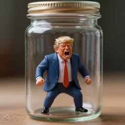 a tiny realistic proportioned trump screaming angry inside a glass jar. sharp focus, photography, unreal engine, trending on artstation, photorealistic, octane, trending on deviantart, unreal engine