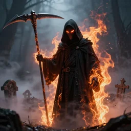 a black hooded neon faceless monster in hells graveyard, holding a scythe, reaper, amazing fire art, fog, octane render, ray tracing, realistic fire sharp focus, long shot, 8 k resolution, cinematic