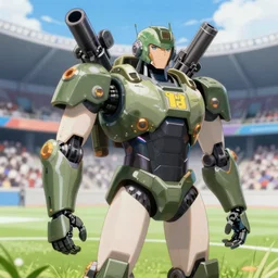 humanoid robot soldier wearing big gun on a shoulder, in anime style, in football ground stadium scenery