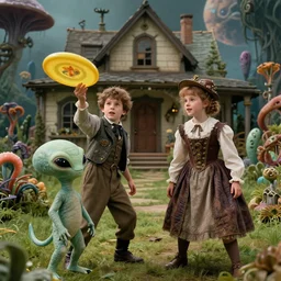 detailed, sharp, a boy and a girl playing frisbee with their cute pet humanoid alien creature, wearing 1890s era clothes, in the garden of a house on an alien planet with strange alien plants growing, extremely highly detailed, steampunk, in focus faces, 70 mm film still from a period sci fi color movie, 4k, HD, cinematic lighting