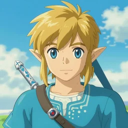 brave face portrait of link from the legend of zelda, breath of the wild in studio ghibli style, 4 k professional digital art, very very very very beautiful, blue sky with clouds background, pastel colours