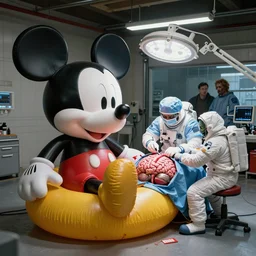 garage surgery wing, huge float mickey mouse decaying!! in claw center left, brain operation by mechanic surgeon astronauts, beeple movie still, zombie