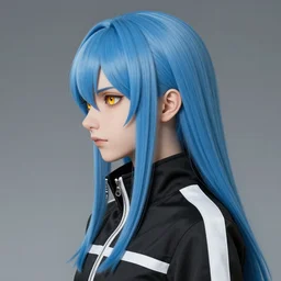 profile shot of rimuru tempest, sky blue, straight hair, long bangs, | amber colored eyes | wearing a black jacket with white stripes, high collar, highly detailed, unreal engine 5, digital painting, cinematic, wlop | artgerm, pixiv, yoshitaka amano, greg rutkowski, ilya kuvshinov, andy warhol