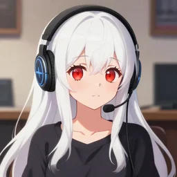 anime visual of a cute girl, with + ( ( red eyes ) ) + long white hair + ( ( wearing a headset in her room interior ) ), poster by ilya kuvshinov, pixiv fanbox