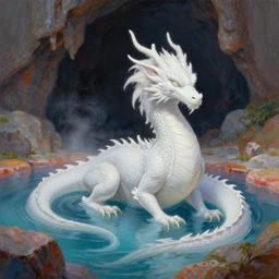 highly detailed oil painting of a white dragon sitting in a colorful hotspring within a dark cavern