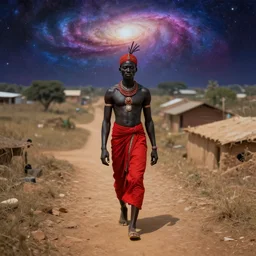 orisha esu the african male god streets and paths who transits between the earth and the sky and wears red and black with the galaxy! in the background | deep focus, high angle, highly detailed, painting by delphin enjolras