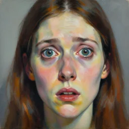 high quality high detail painting by lucian freud, hd, scared woman, big eyes, vivid colors, photorealistic lighting