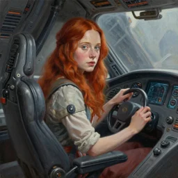a realistic oil painting of a girl resembling a redheaded irish alicia vikander or millie bobby brown in a futuristic mechanical spaceship cockpit, highly detailed, intricate, concept art, artstation, by donato giancola, ron cobb, and artgerm