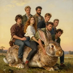 riding on large rabbit, golden hour, detailed faces, lilia alvarado, sophie anderson, mark arian, bob byerley, charlie bowater, mark brooks, justin gerard, ross tran, wlop, william adolphe bouguereau