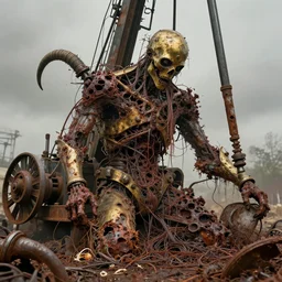 movie still of frack machine, bored out demon eviceration, necrotized, in chaotic dreamed insanity, intricately macerated by age, sentient, dethroned goliath machine, blood turbines, hydrocracking battles, rusted, macerated, eviscerated by fimbria wires, bicornate fungal pit, brass sheen rotting, by alberto bontemp